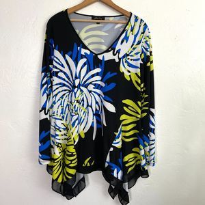 Melissa Paige Womens Floral Top Long Sleeve Black Blue Yellow Size XL